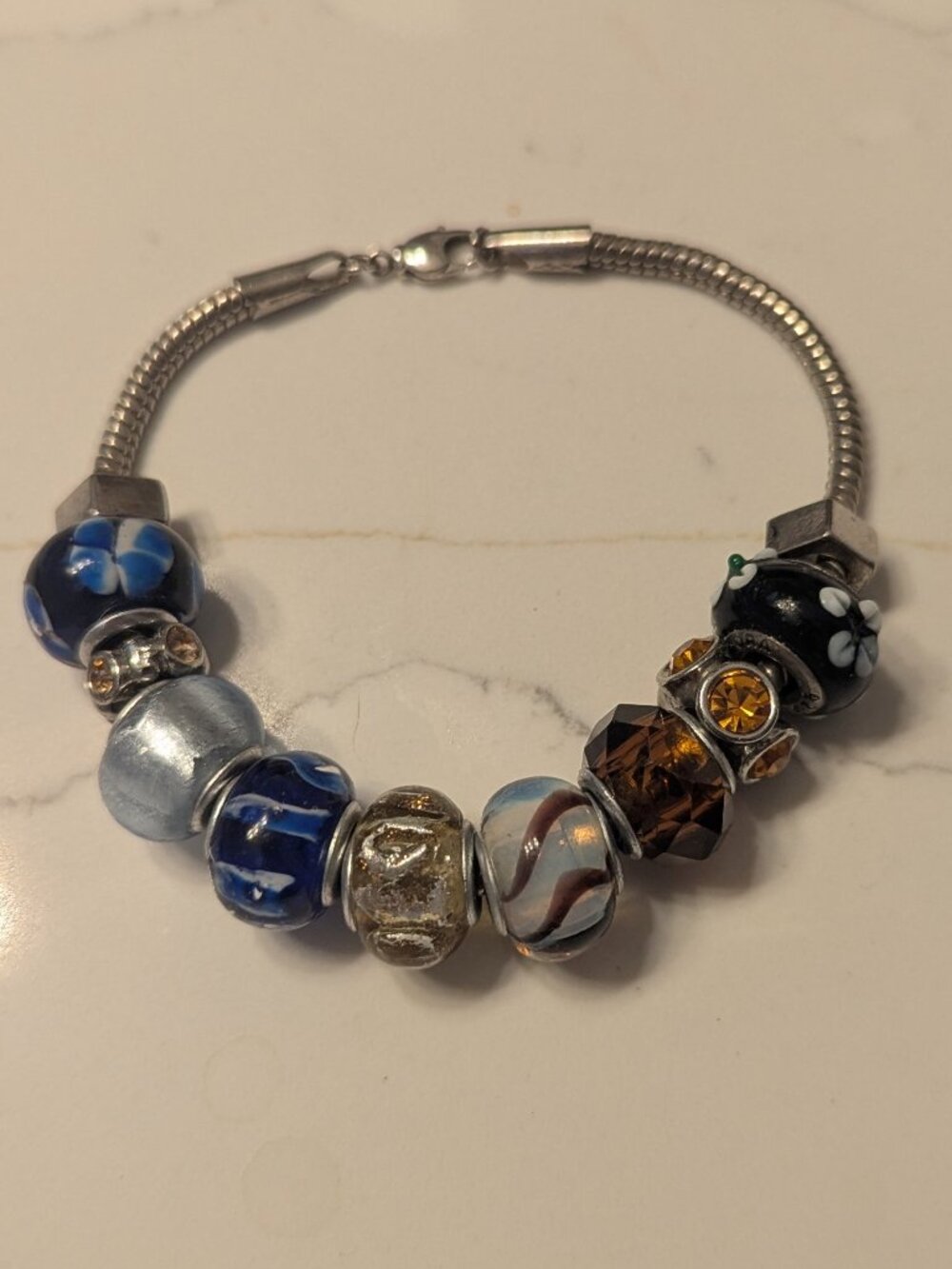 Pandora Style Charm Bracelet Glass Beads Silver Tone Blue Brown Artisan